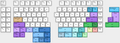 Layout option for the left half bottom row is 4x1.25u and 1x2.25u keys. Layout options for the right half bottom row are 1x2.75u and 6x1u keys or 1x2.75u, 2x1,25u, a small empty space, and 3x1u keys.